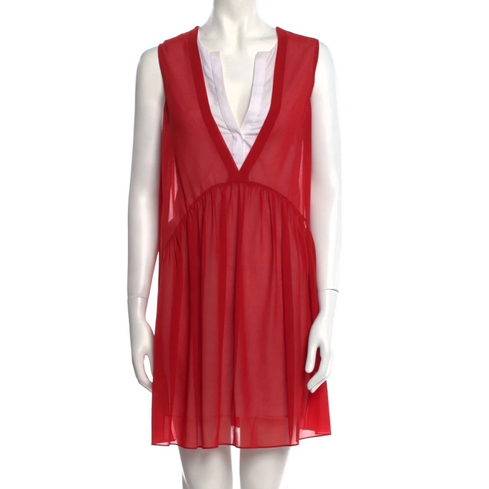 Sandro A Line Sleeveless Red White V Neck Chiffon Mini Tunic Dress EUC Size 1/S - Picture 1 of 12